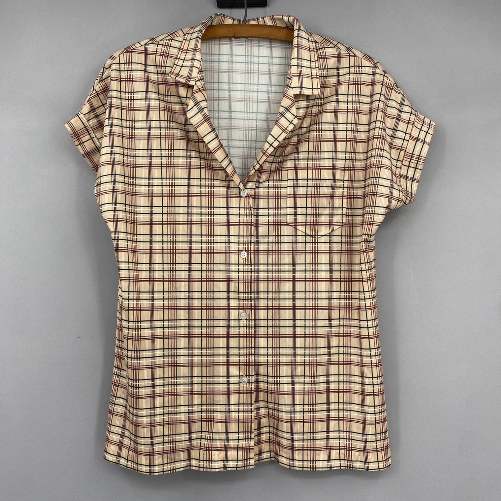 Vtg 70s Fire Islander Grid Plaid Button Up Shirt Womens Medium Tan SS Pocket